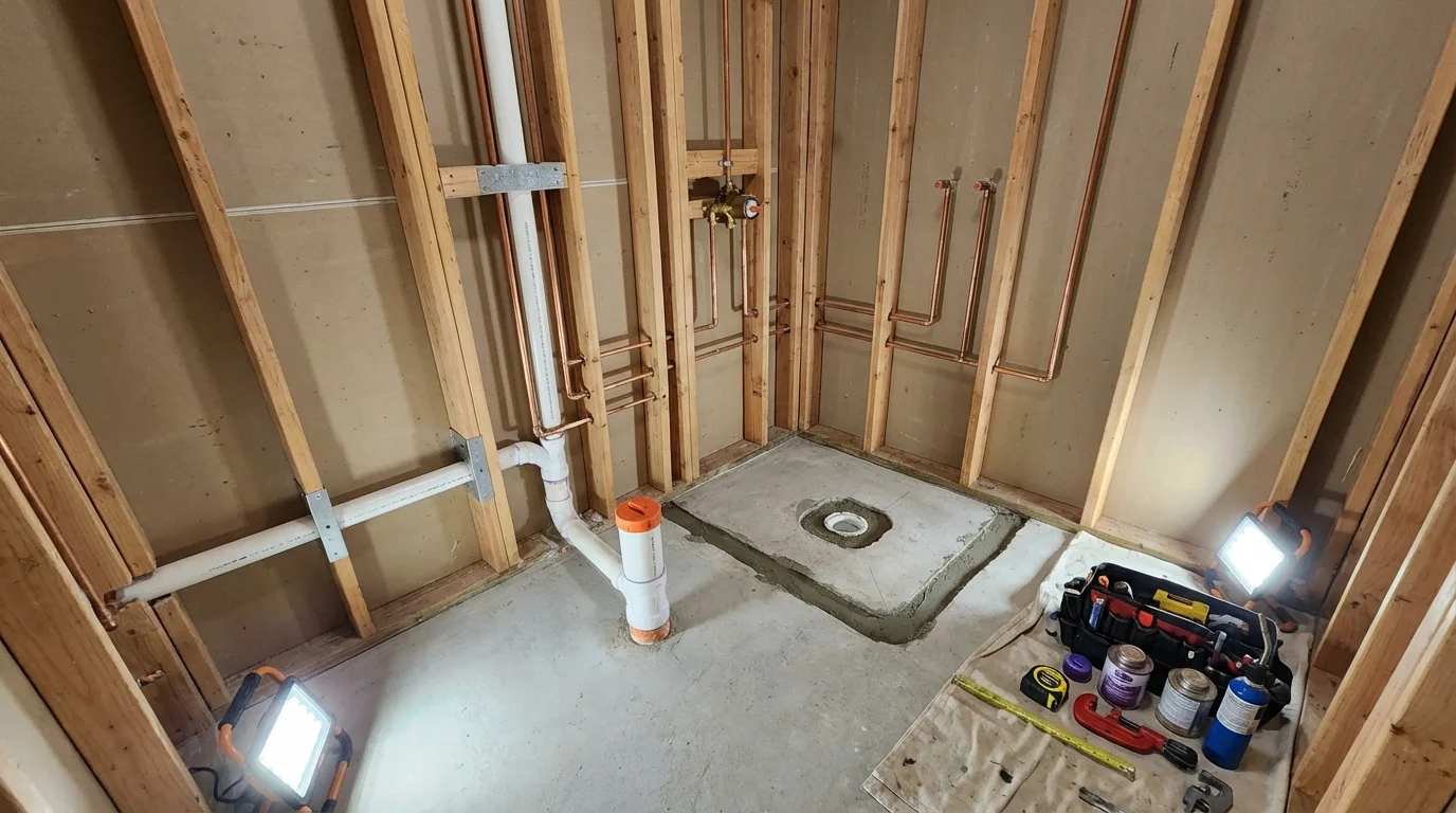 Bathroom rough-in plumbing during remodel by Johns Plumbing LLC in Tahlequah