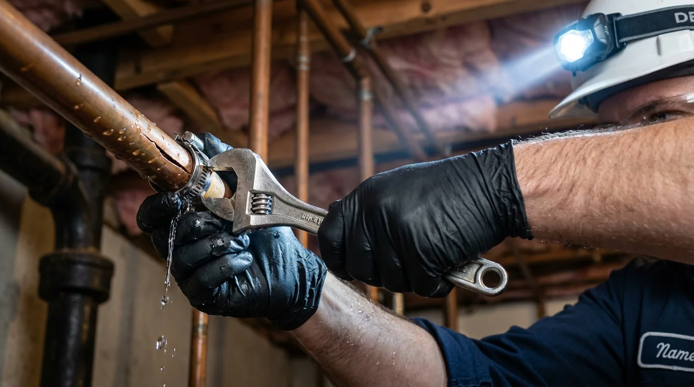 Emergency pipe clamp repair being performed by a Johns Plumbing LLC plumber in Tahlequah