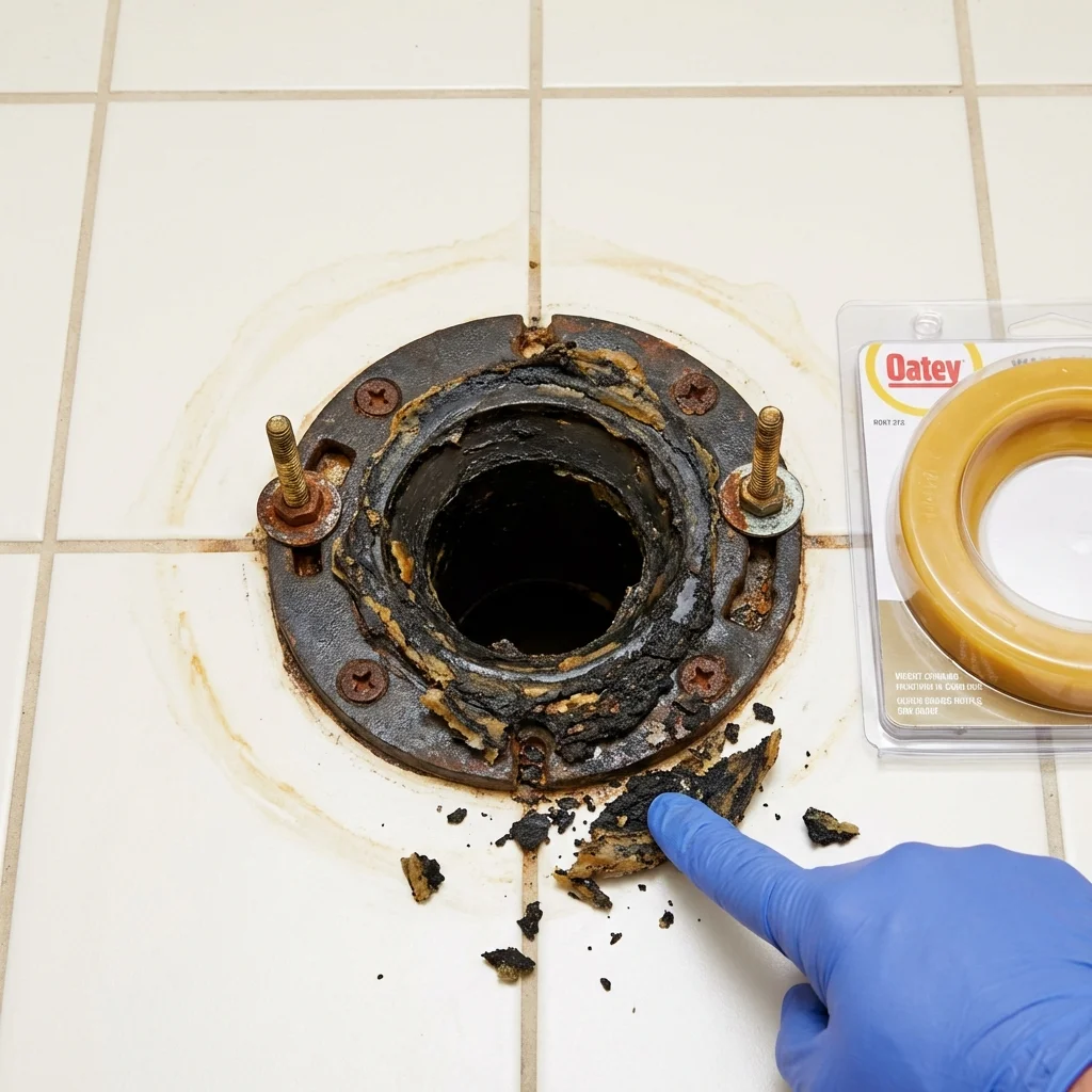 Failed wax ring showing water seepage at the base of a toilet in a Tahlequah, OK home