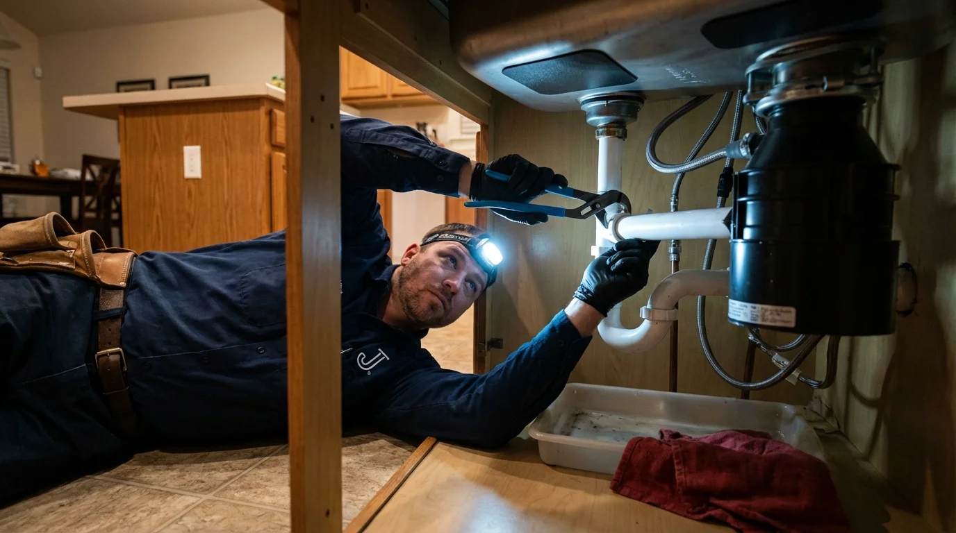 P-trap and supply line connections under a kitchen sink showing a common leak point in Tahlequah, OK
